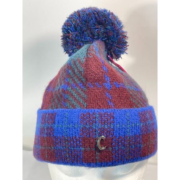 3/$20 Sam Edelman Circus Acrylic Knit Ski Hat Pompom Logo Blue Plaid New - Picture 4 of 6